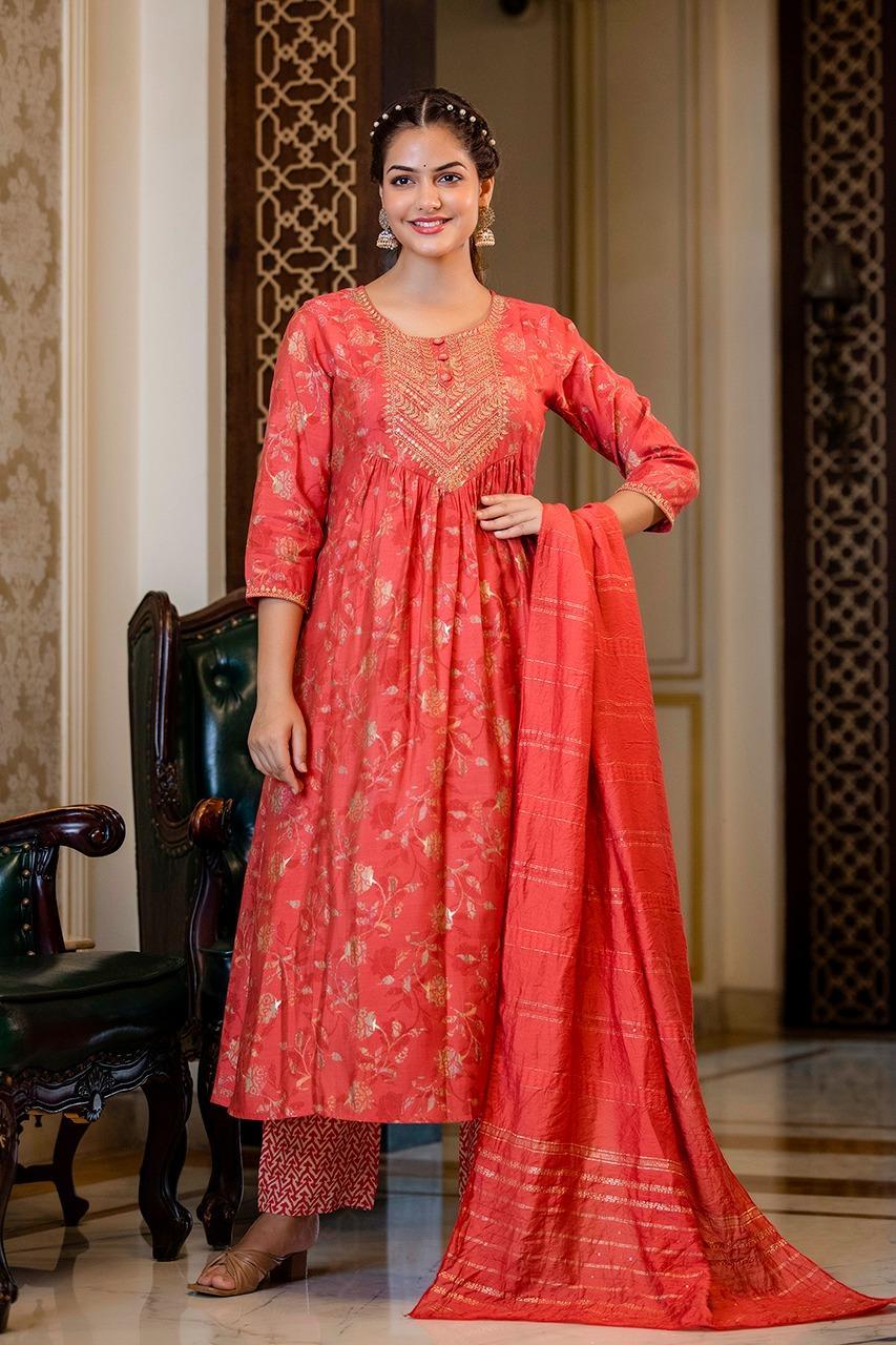 Muslin Silk 3 piece suit Red